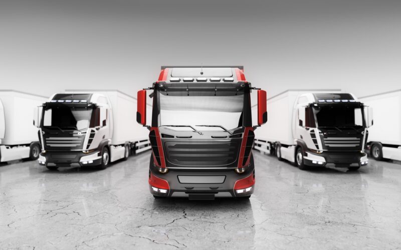 Fleet of trucks with cargo trailers. Transport, shipping industry.